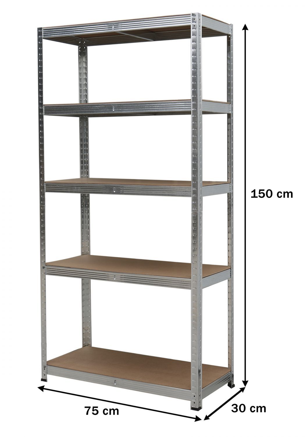 Srebrny regał metalowy z 5 brązowymi półkami, wymiary 150x75x30 cm.