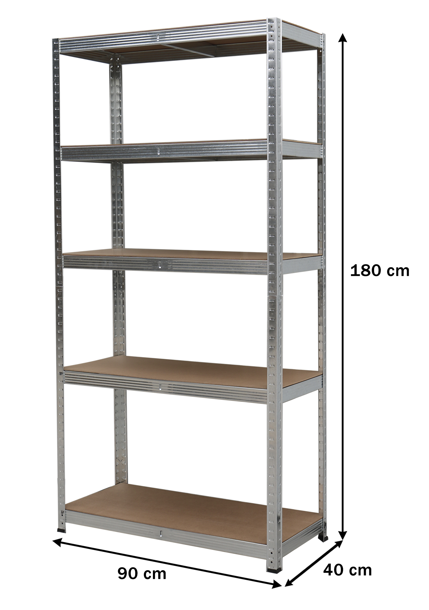 Metalowy regał o wysokości 180 cm, szerokości 90 cm i głębokości 40 cm.