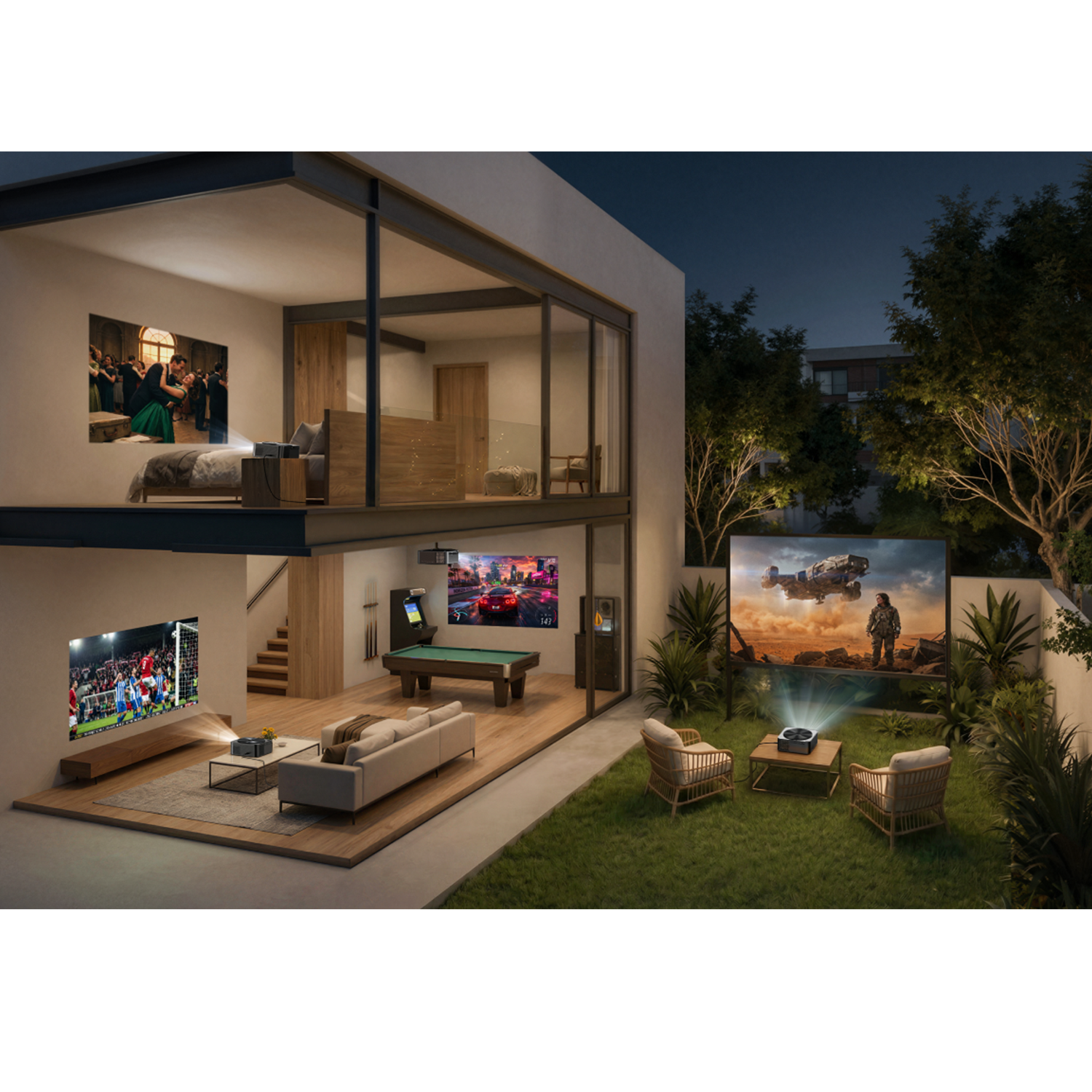 A house with projectors in living spaces and garden. A movie plays in the garden.