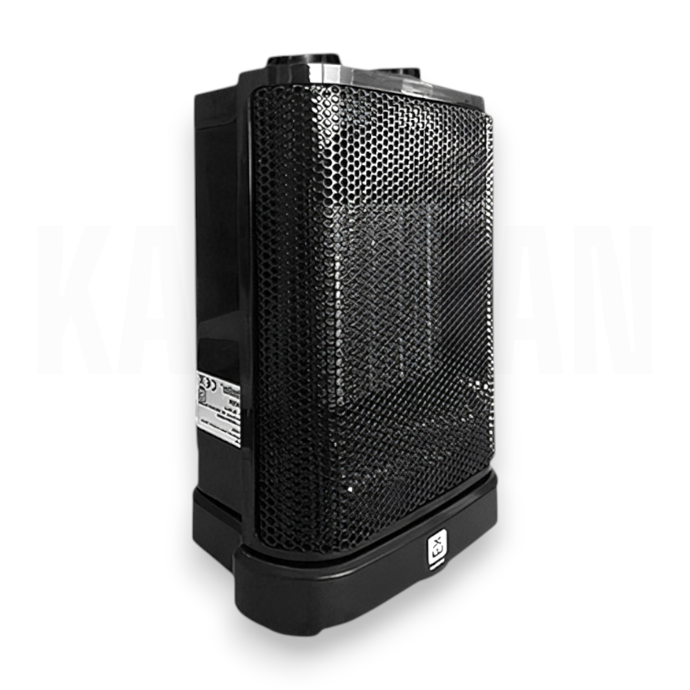 Un calefactor portátil negro con rejilla de ventilación y símbolos de seguridad.