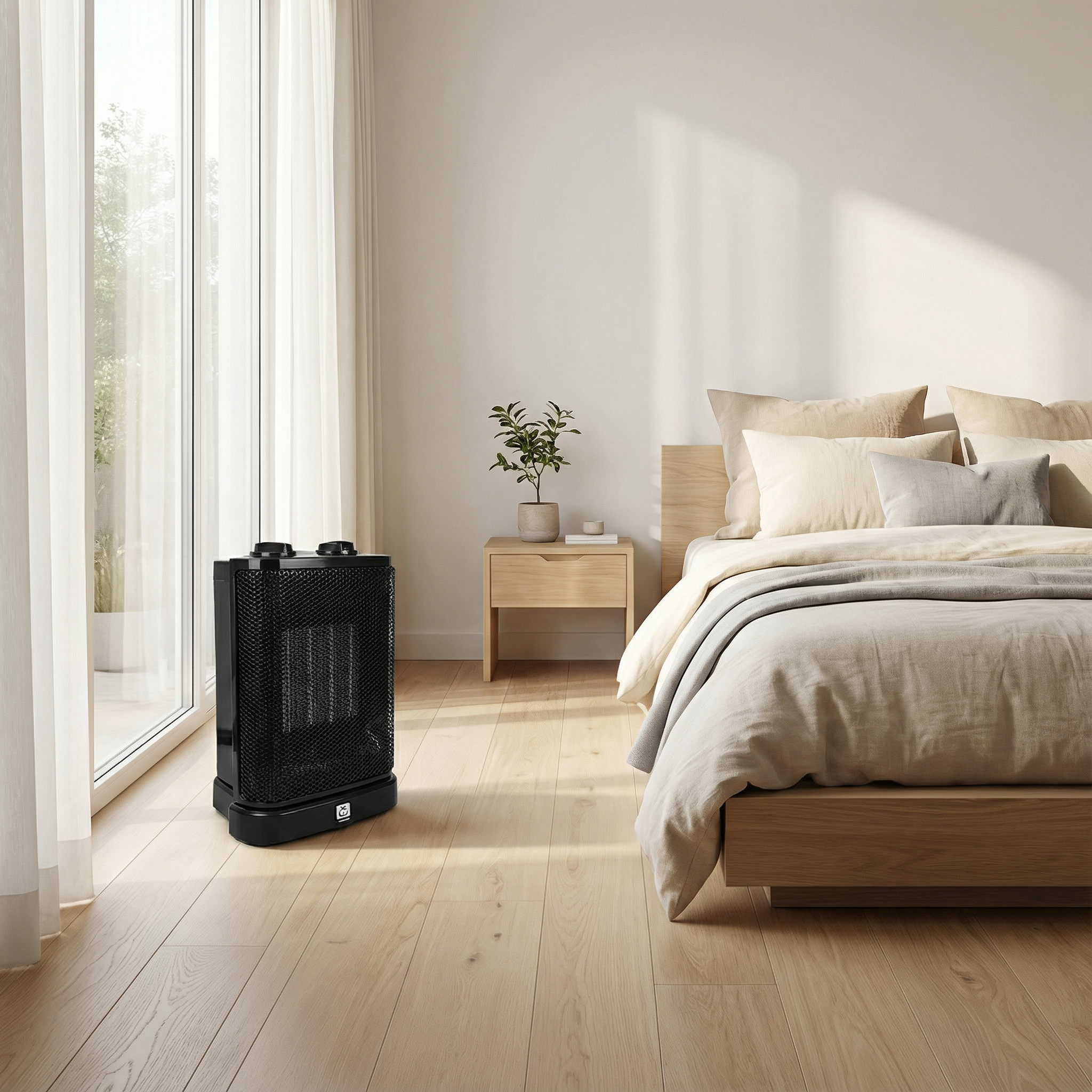 Un calefactor negro sobre suelo de madera junto a una cama.