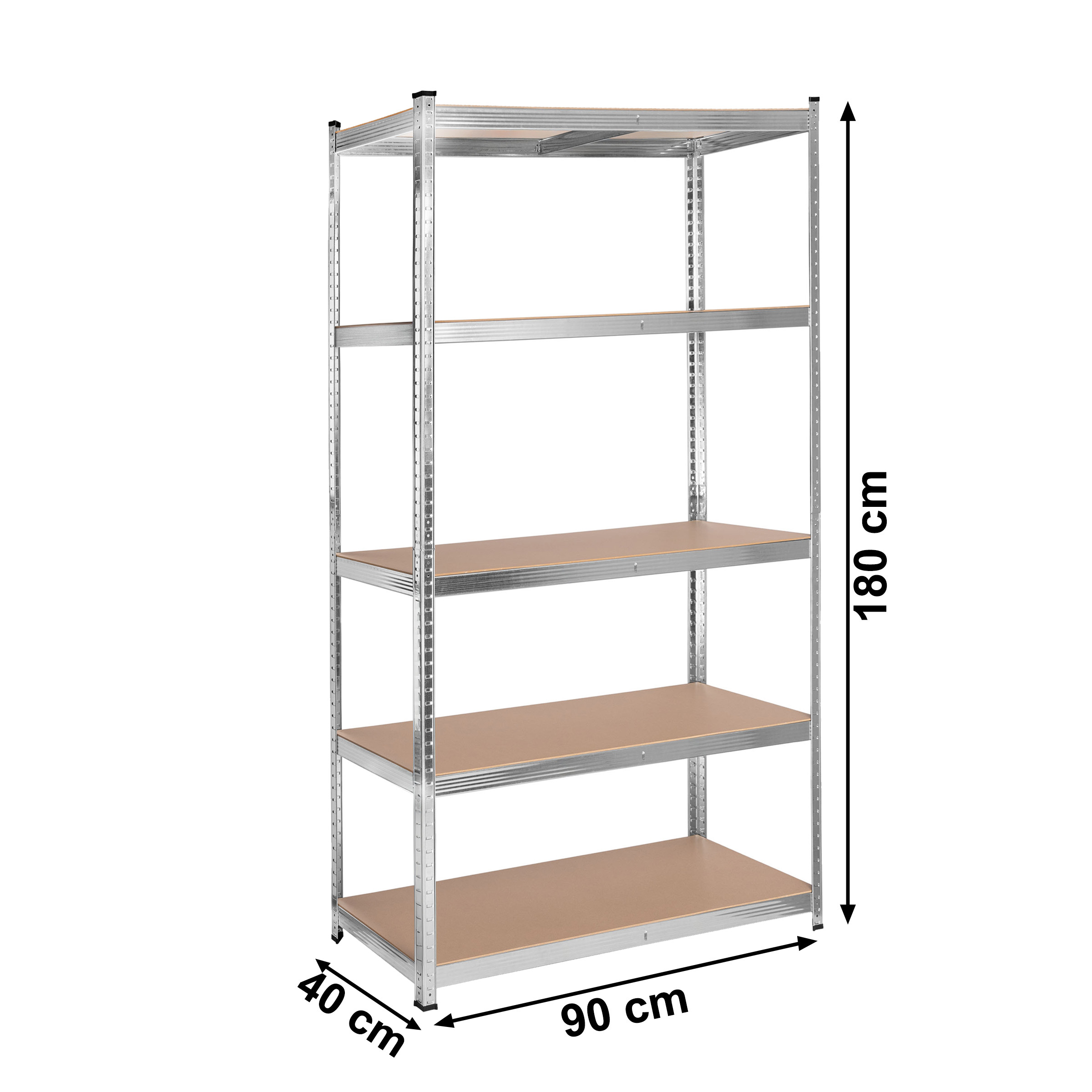 Metalowy regał o wysokości 180 cm, szerokości 90 cm i głębokości 40 cm z pięcioma półkami.