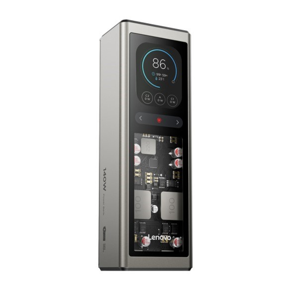 Srebrny power bank Lenovo z przezroczystym przodem, pokazuje 86% naładowania.