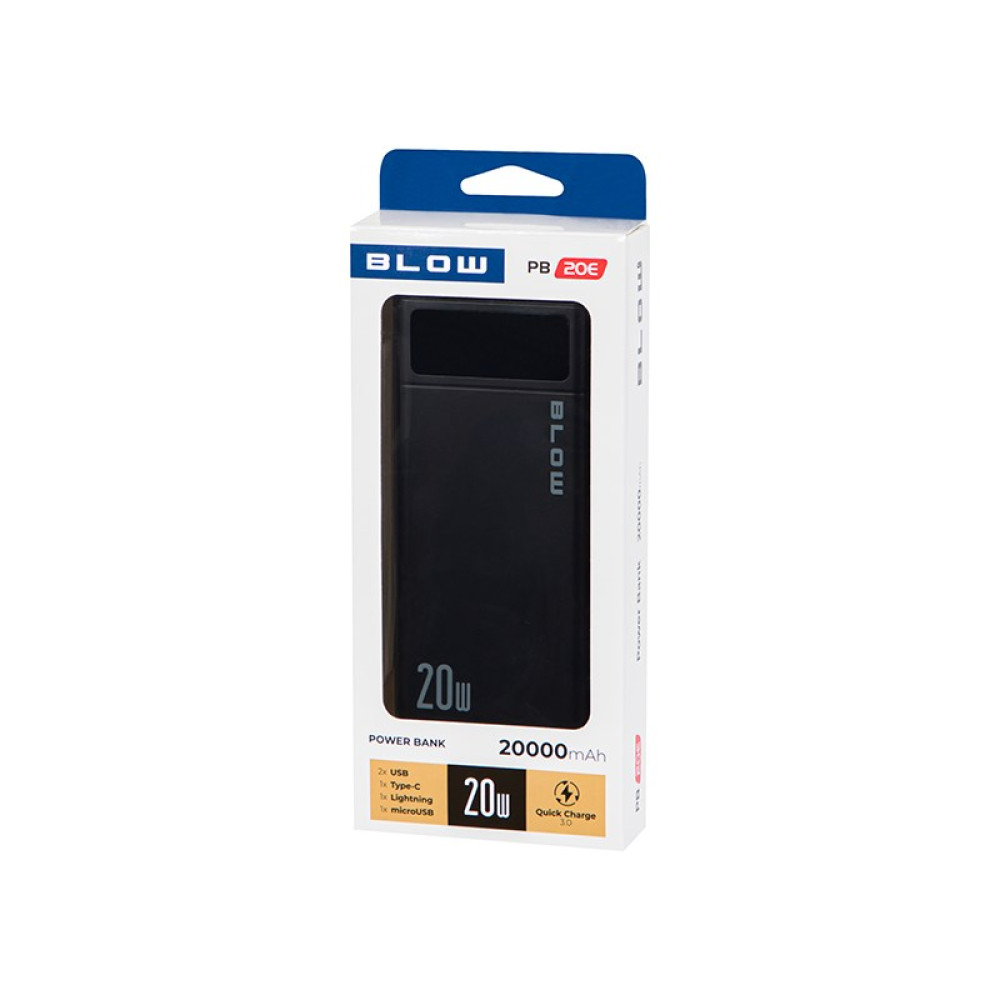 Czarny power bank BLOW, 20000mAh, szybkie ładowanie 20W, w pudełku.