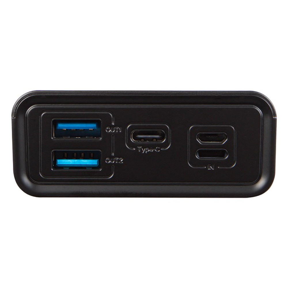 Czarne etui power banku z dwoma portami USB-A, jednym portem USB-C i jednym portem Micro-USB.