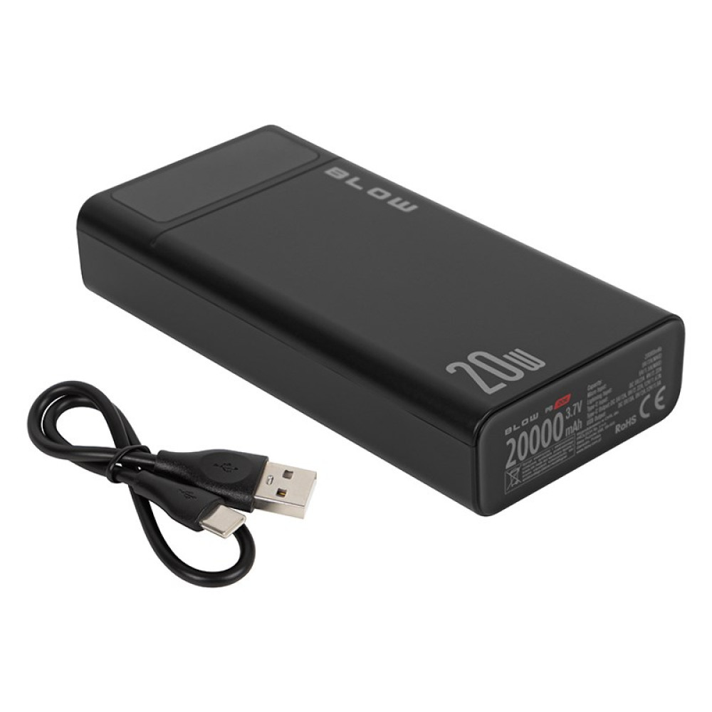 Czarny powerbank 20000mAh z kablem USB-C/USB-A.
