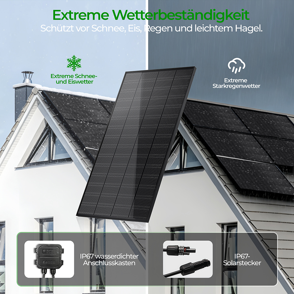 Solarmodule auf einem Hausdach mit Symbolen für Schnee, Regen und Hagel.
