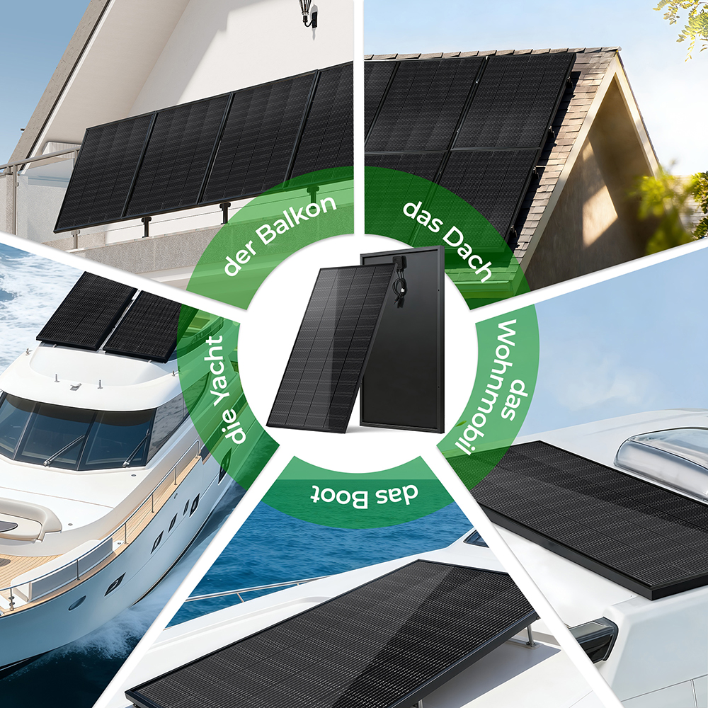 Collage von Solarmodulen auf Balkon, Dach, Yacht und Wohnmobil, mit zentralem Produktbild.