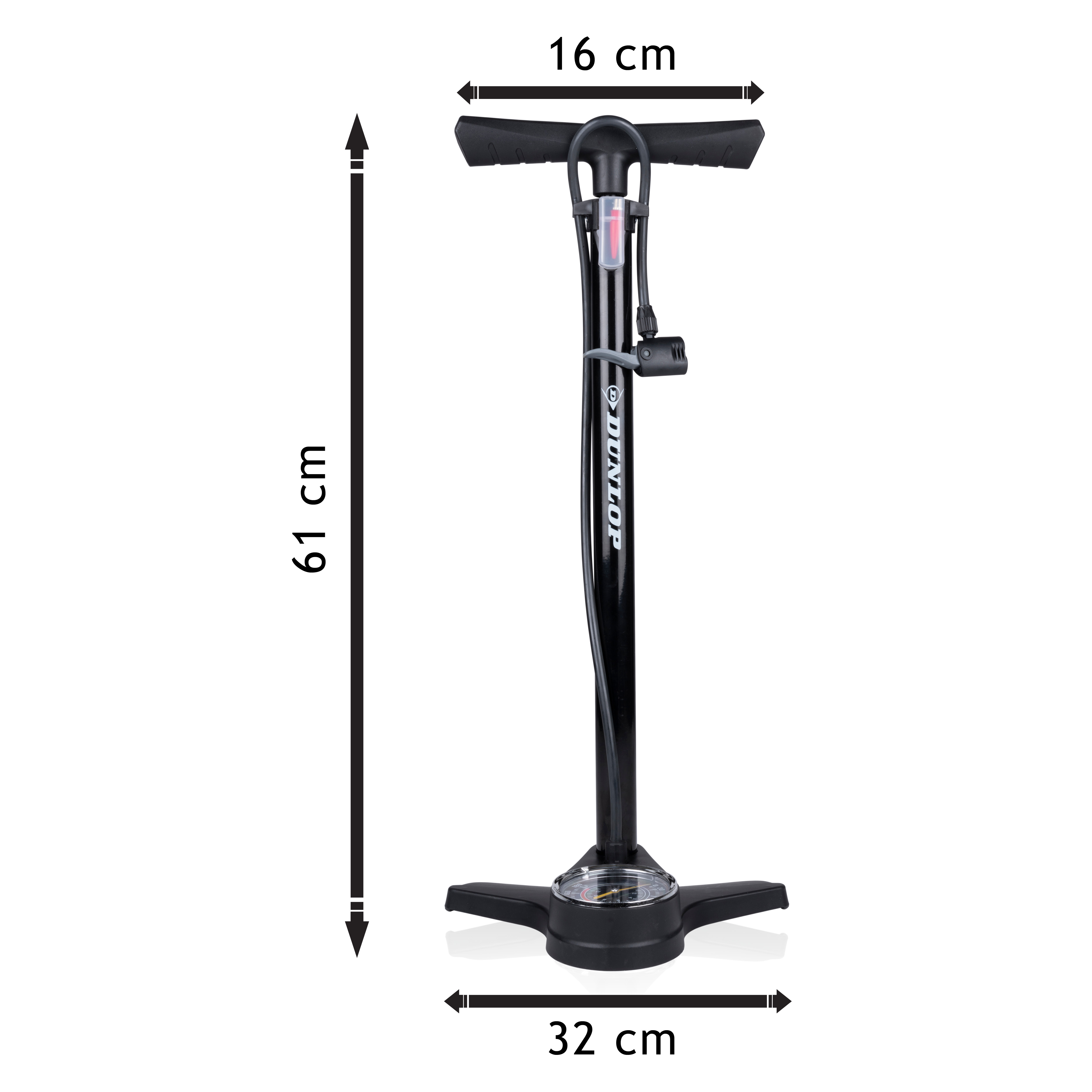Black bicycle pump with gauge, 61cm tall, 16cm wide, 32cm base.