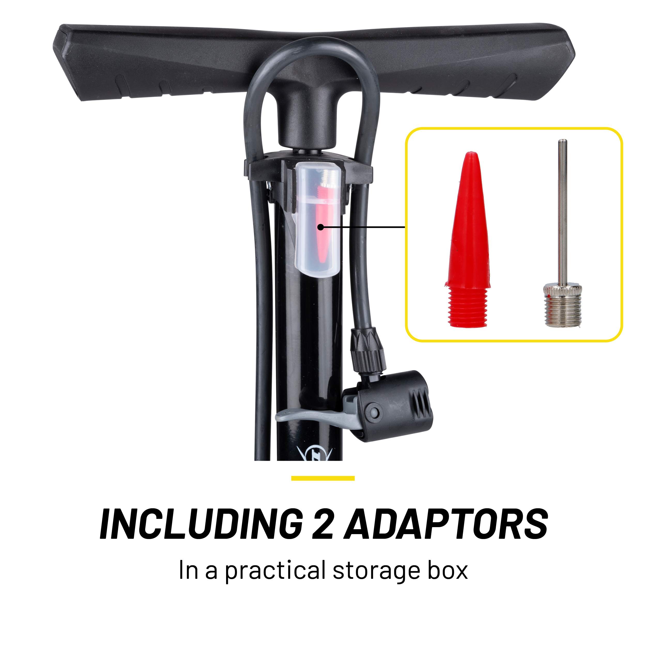 Black bicycle tire pump with red and silver adapters.