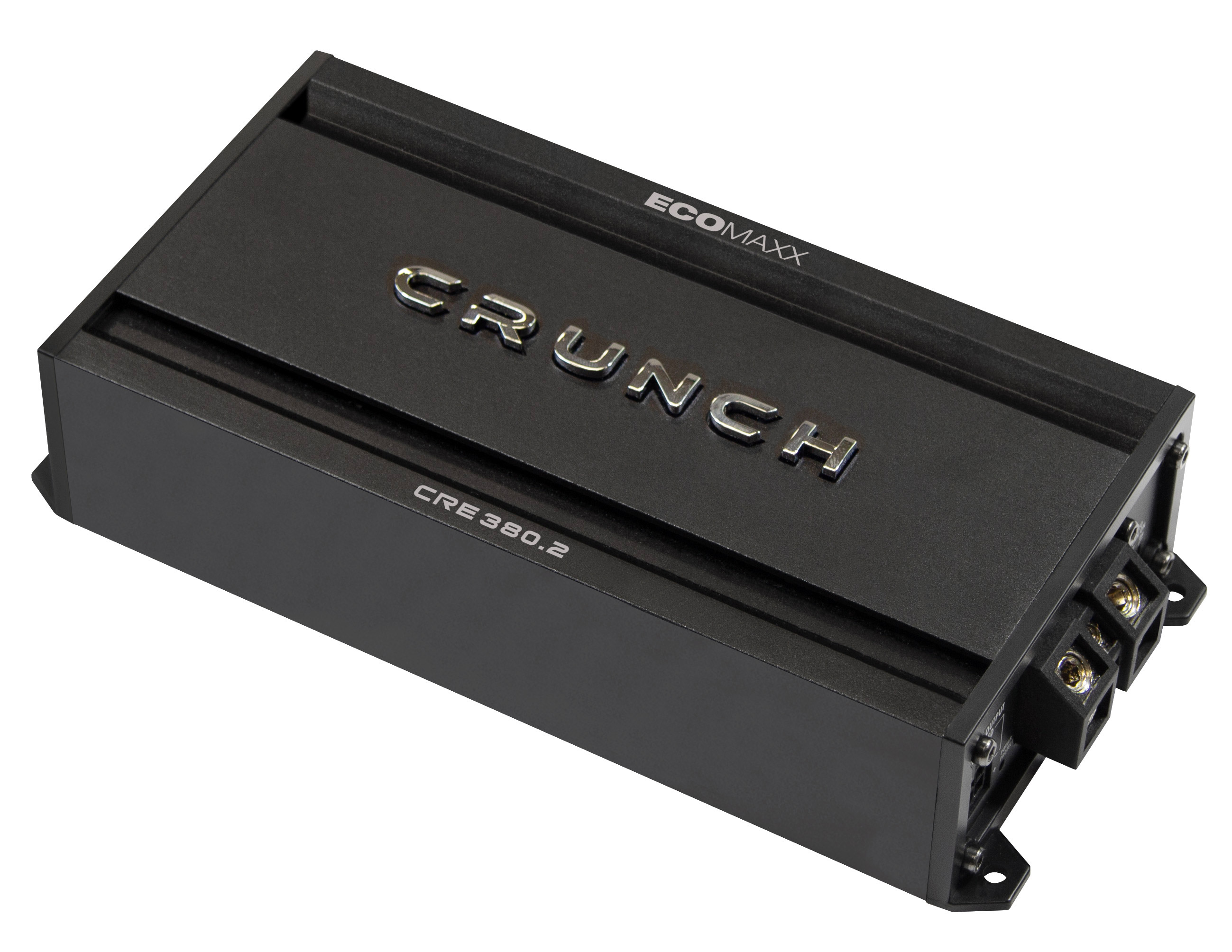 Schwarzer Auto-Verstärker mit silbernem CRUNCH-Logo und Anschlüssen.