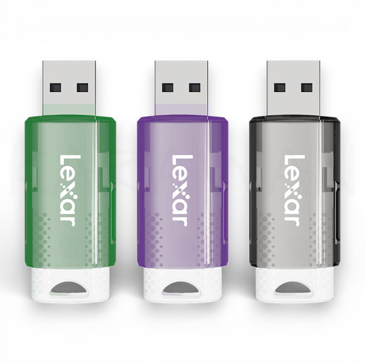 Tres memorias USB Lexar en verde, morado y gris una al lado de la otra.