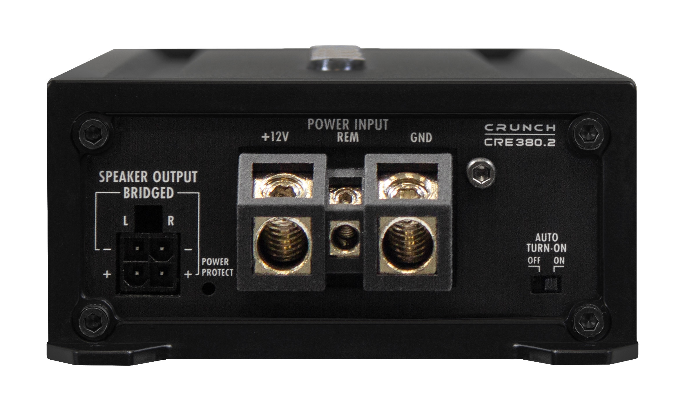 Ein schwarzer Crunch CRE380.2 Verstärker mit Anschlüssen für Strom, Lautsprecher und Fernbedienung.
