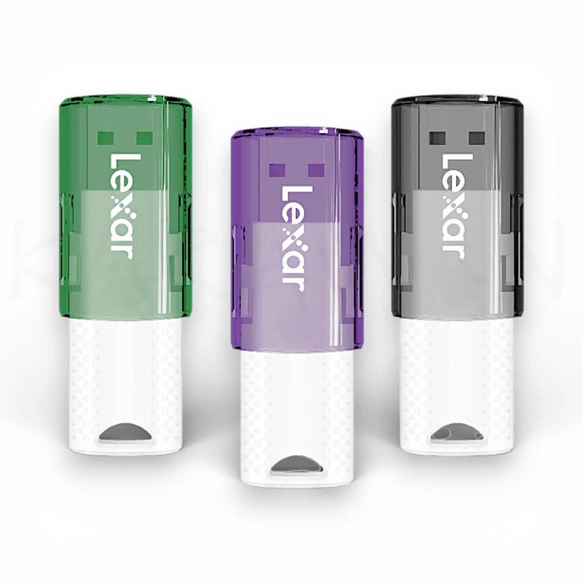 Tres memorias USB Lexar en verde, morado y gris con cuerpos blancos.