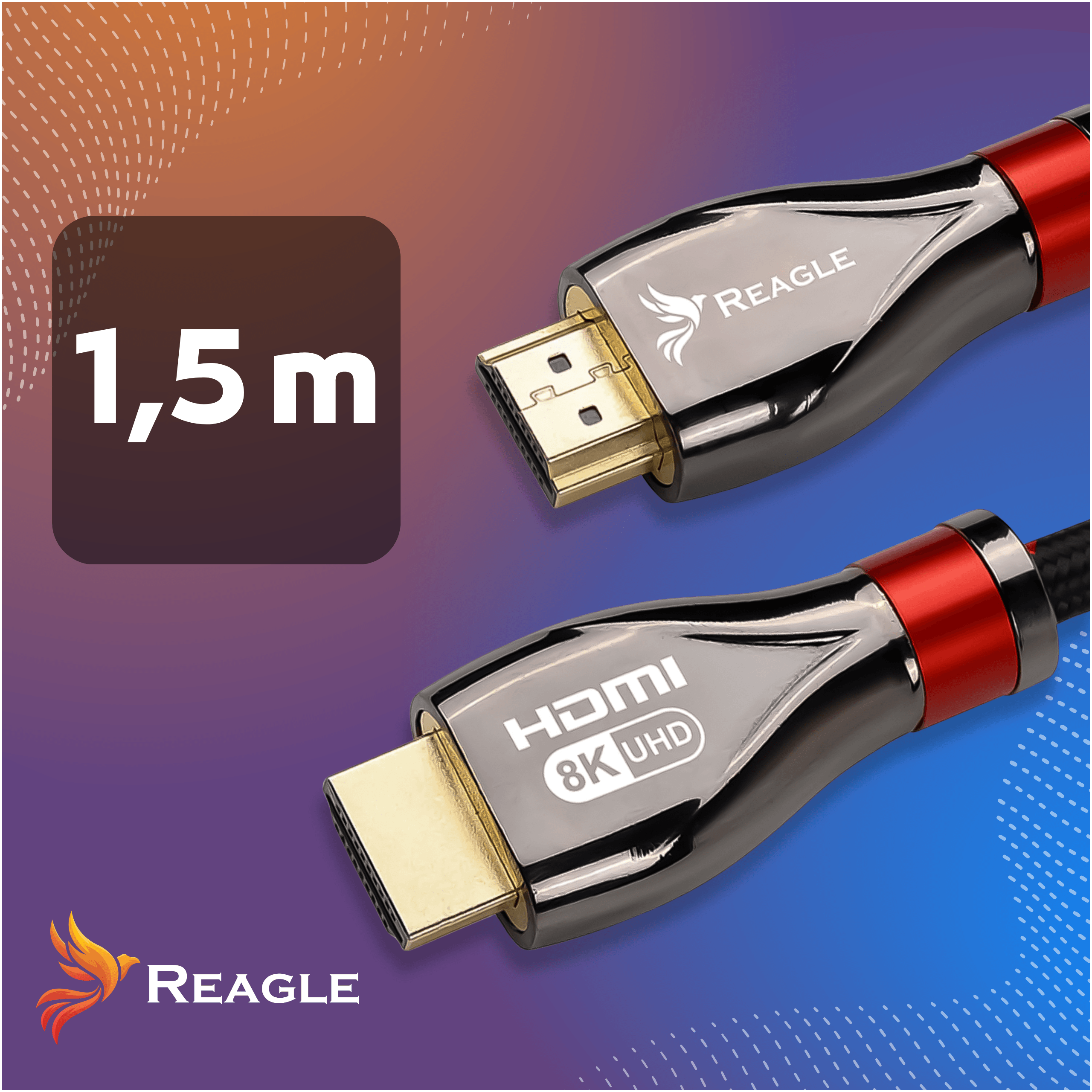 Kabel HDMI 1,5m z oznaczeniem 8K UHD i pozłacanymi złączami.