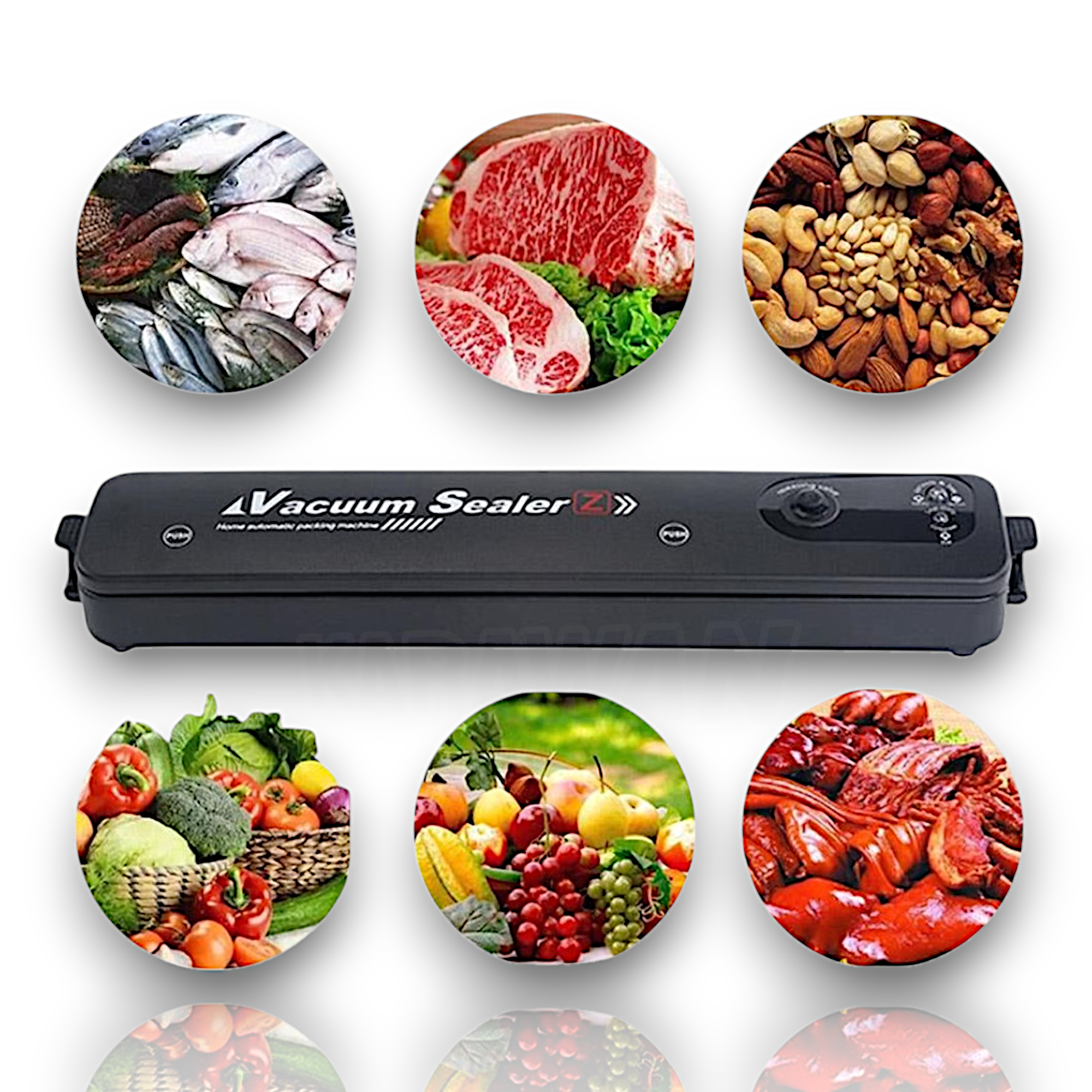 Un sellador al vacío rodeado de seis círculos: pescado, carne, nueces, verduras, frutas y carne.