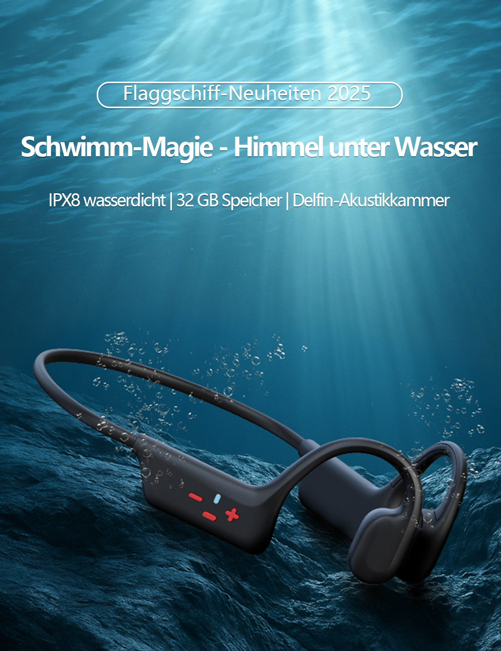 Schwarze wasserdichte Kopfhörer auf dem Meeresgrund mit Luftblasen.