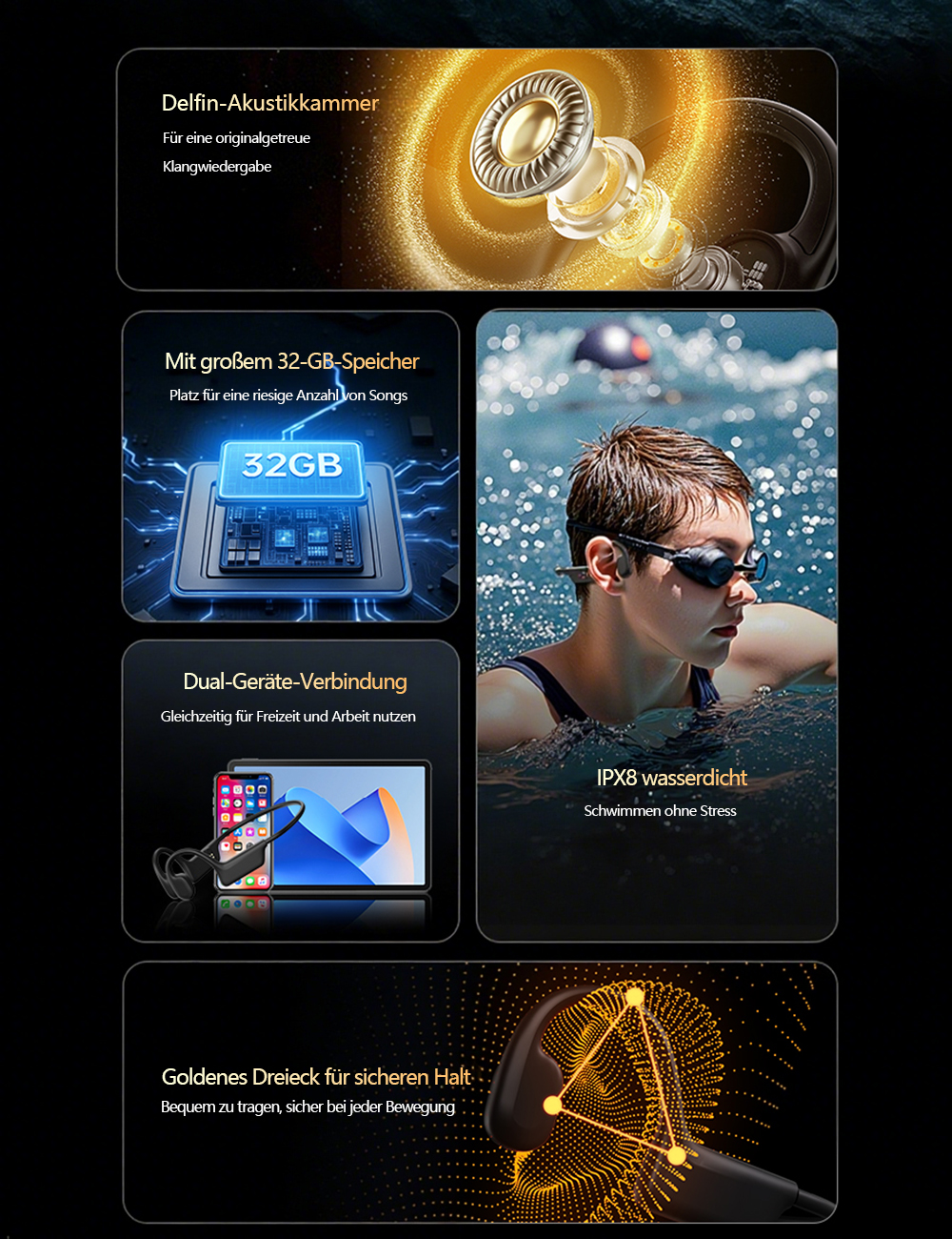 Ein Ohrhörer mit 32GB Speicher, ein Schwimmer und ein Ohrhörer mit goldenem Dreieck-Design.