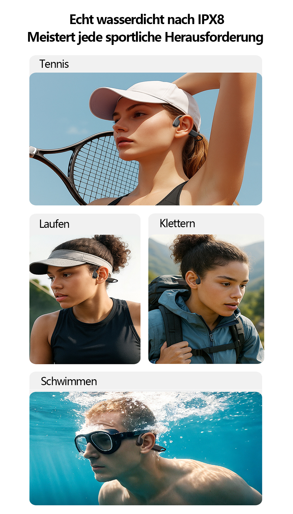 Drei Szenen: Tennisspielerin, Läuferin, Kletterin, Schwimmer. IPX8 wasserdicht.