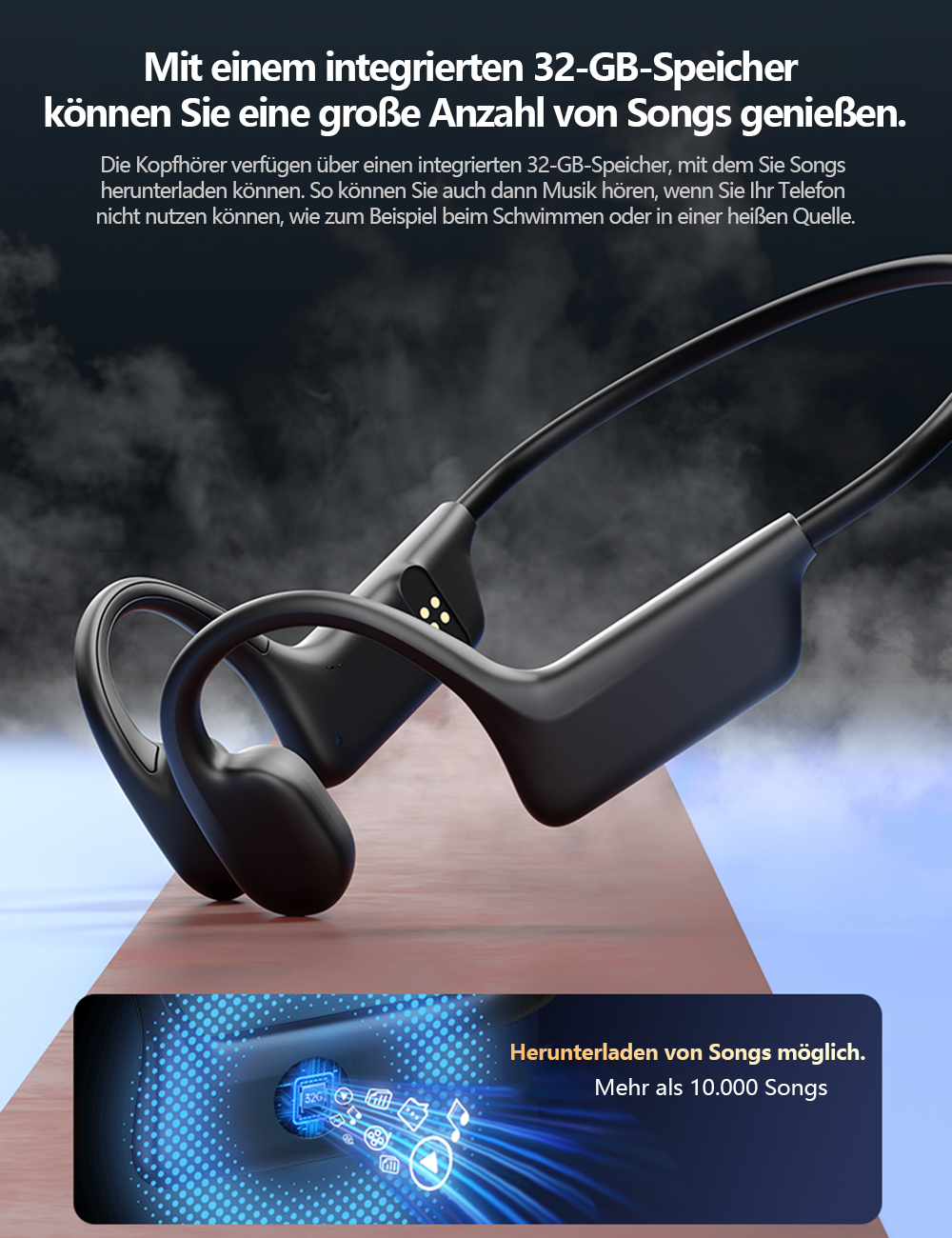 Schwarze Kopfhörer mit 32 GB Speicher für über 10.000 Songs.