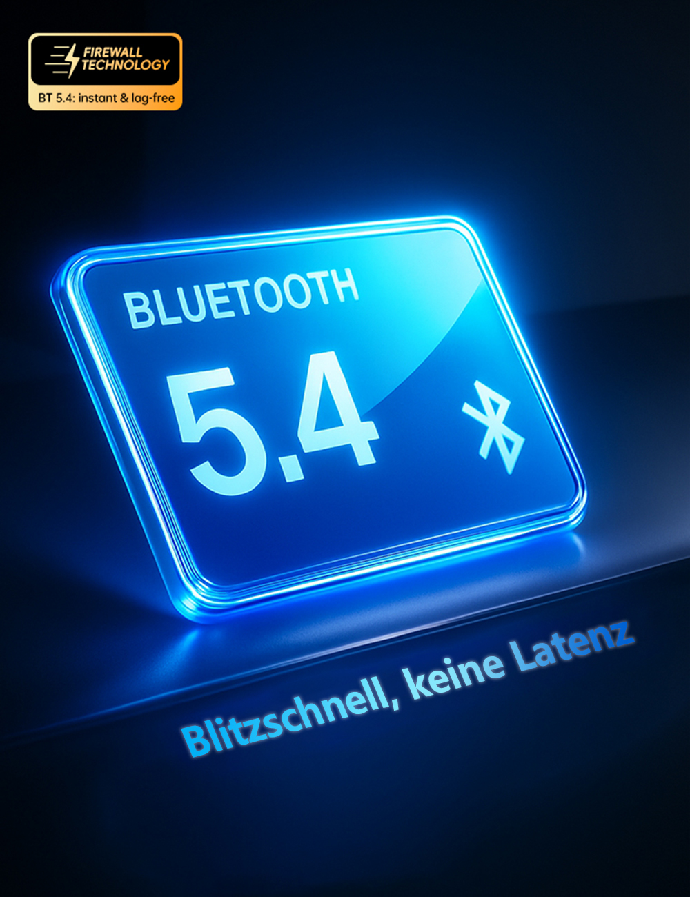 Ein blauer Bildschirm zeigt BLUETOOTH 5.4 und ein Bluetooth-Symbol.