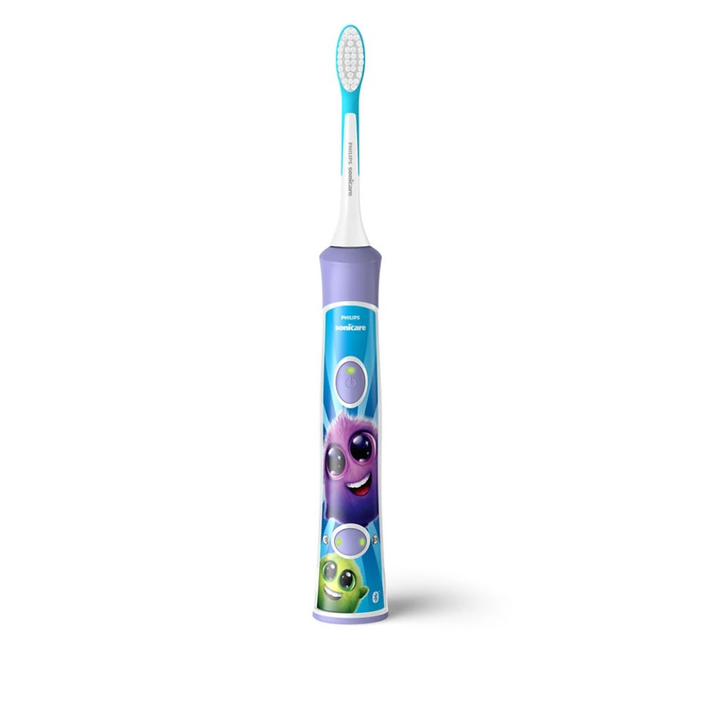 Fioletowo-niebieska szczoteczka elektryczna Philips Sonicare z potworami z kreskówek.