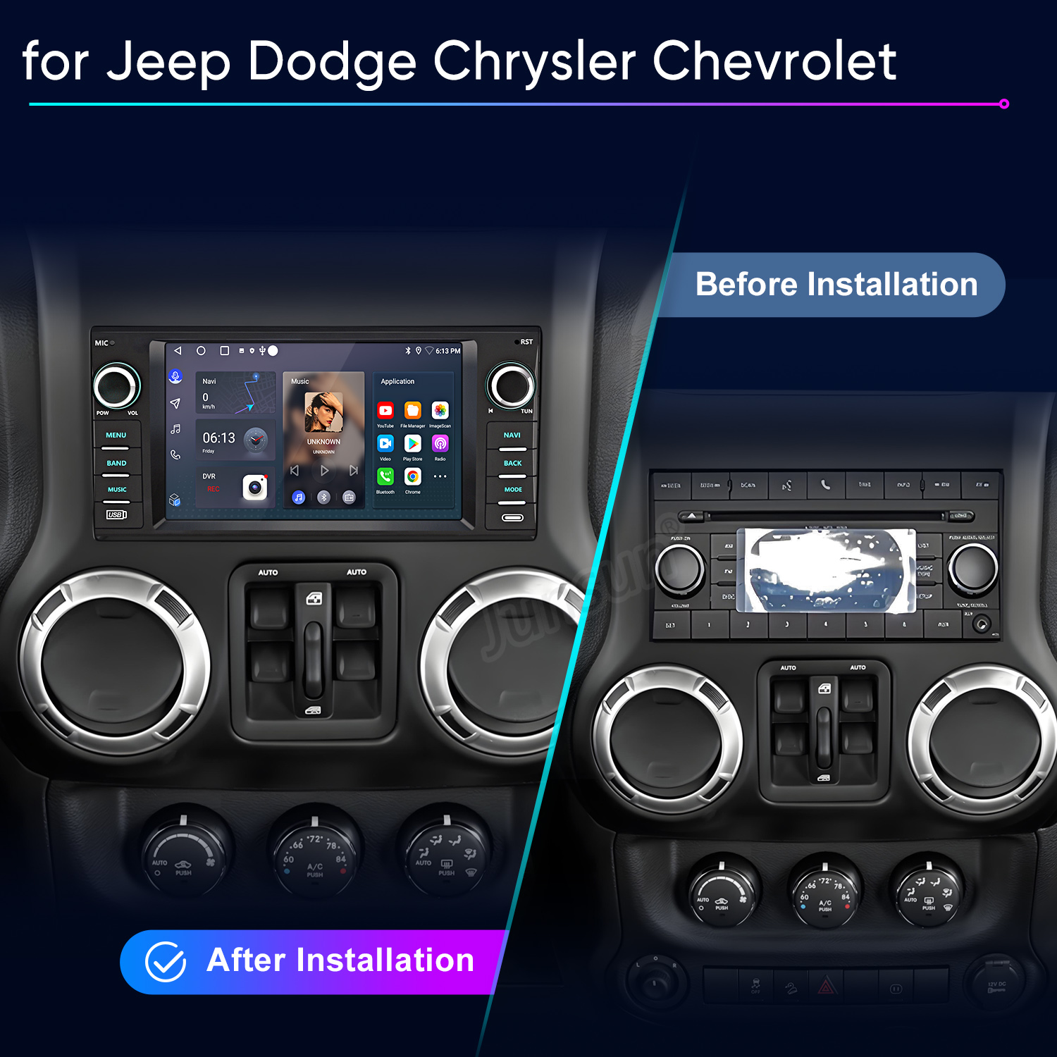 Comparación antes y después de un sistema de infoentretenimiento de coche con navegación táctil.