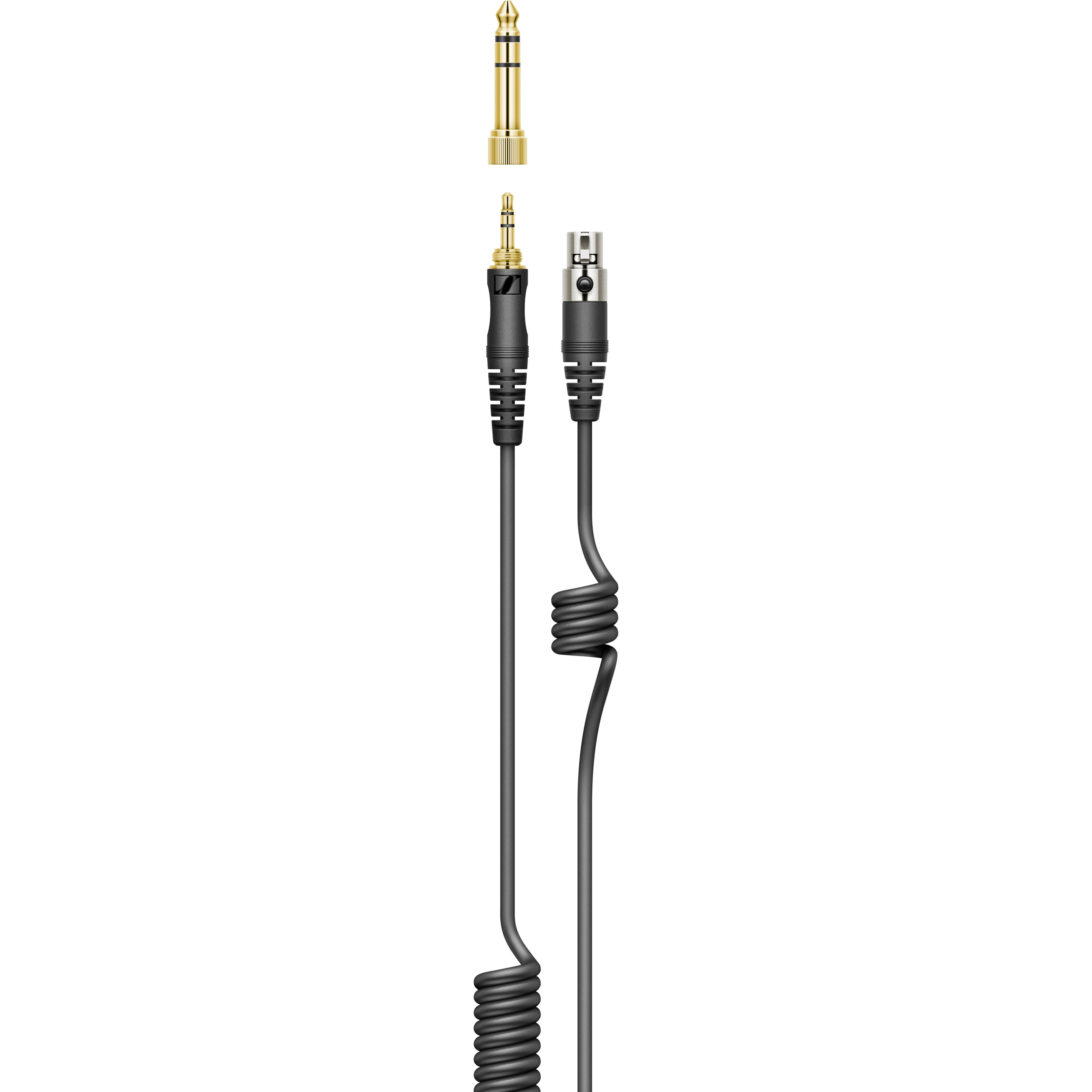 Złoty adapter jack 6,35 mm nad czarnym kablem z wtyczkami 3,5 mm i XLR.