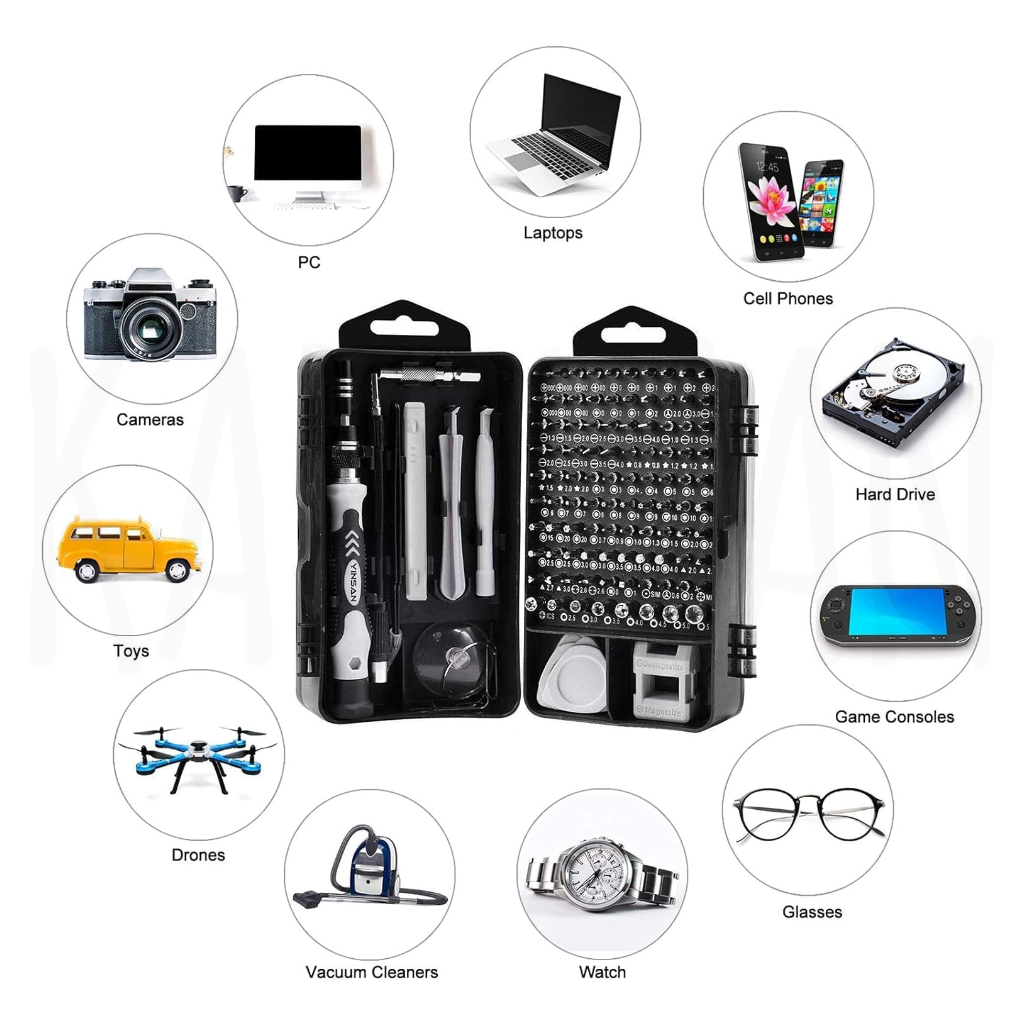 Caja de herramientas con varias herramientas y accesorios para electrónica.