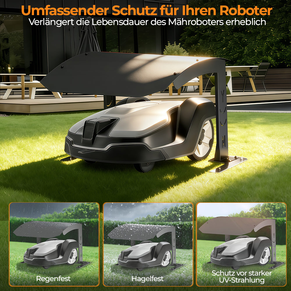 Mähroboter unter Schutzdach: Regen-, Hagel- und UV-Schutz.
