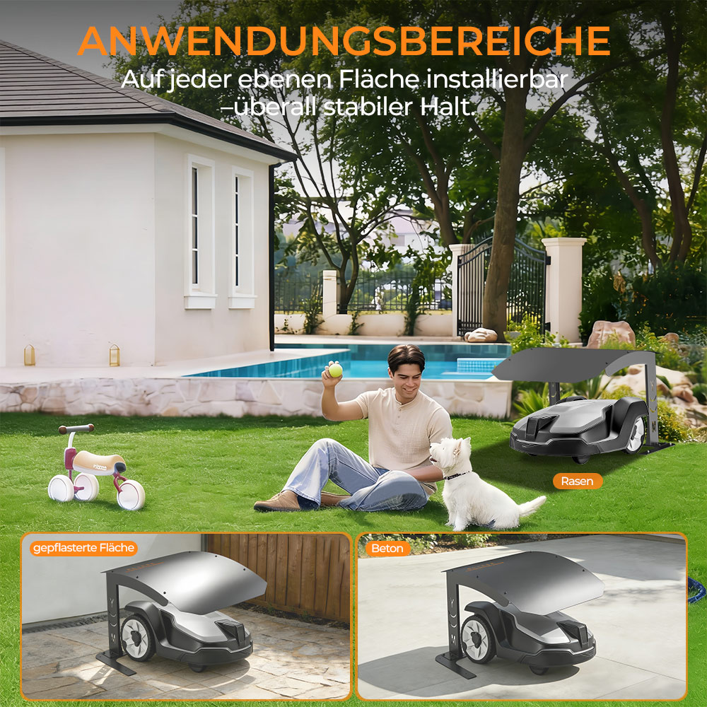 Mann mit Hund und Rasenmäherroboter im Garten. Unterbilder zeigen Roboter auf Rasen, Pflaster und Beton.