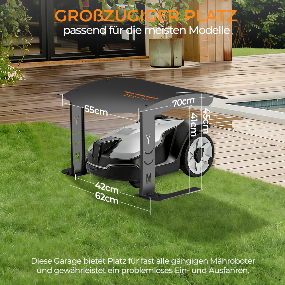 Mährobotergarage mit Maßen 70x55x45cm auf einer Rasenfläche.