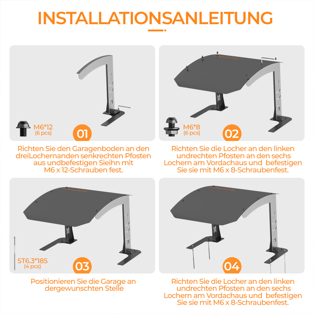 Installationsanleitung in vier Schritten mit Schrauben und Teilen.