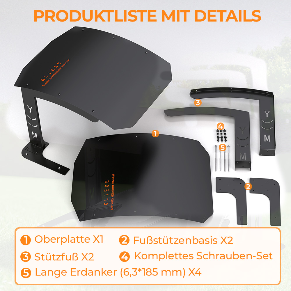 Produktliste mit Details: Oberplatte, Fußstützenbasis, Stützfuß, Schrauben-Set, Erdanker.