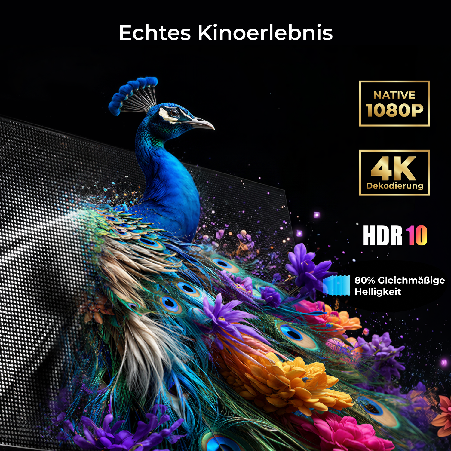 Ein Pfau mit bunten Federn sitzt vor einem dunklen Hintergrund mit Blumen.