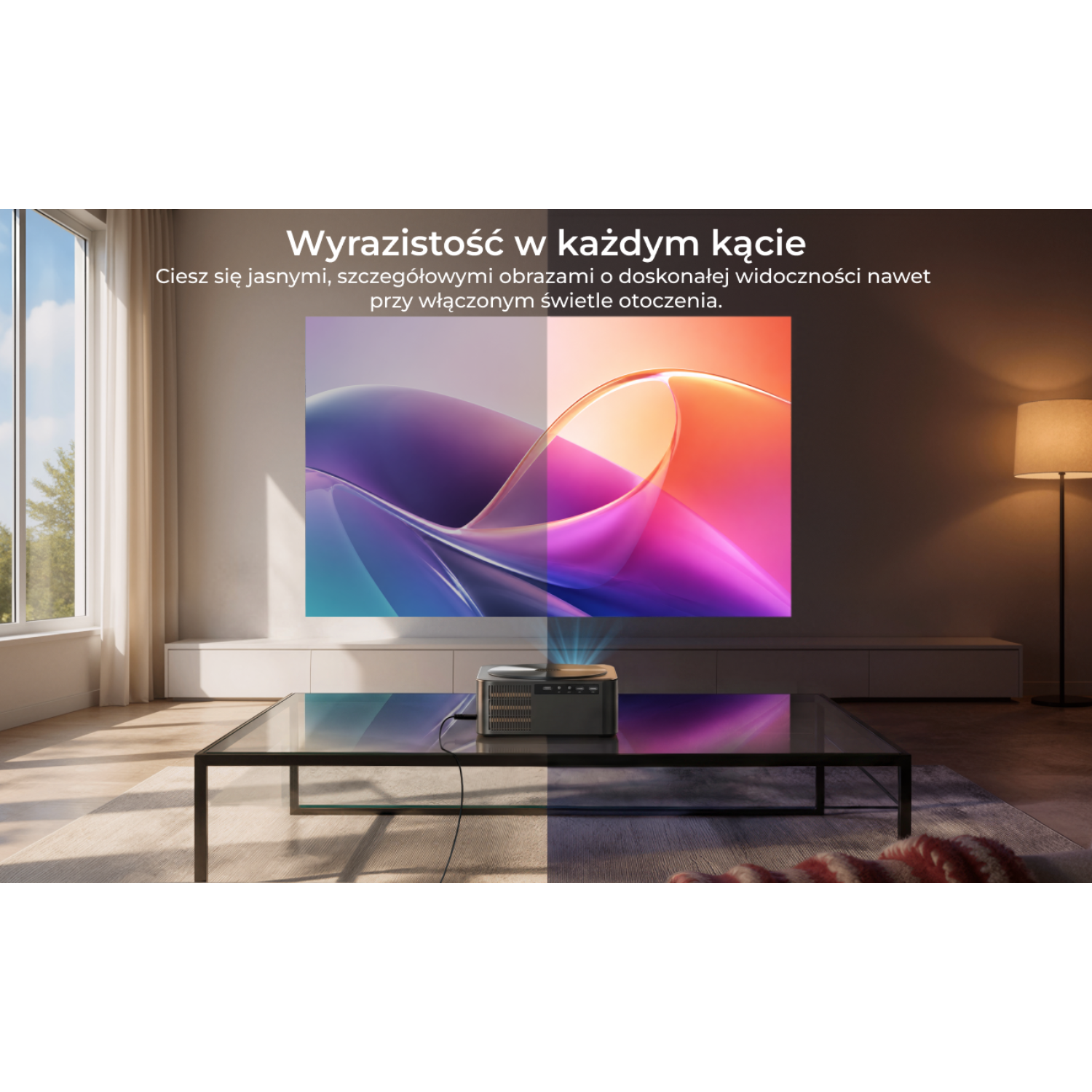 Projektor wyświetla kolorowy obraz na ścianie w salonie.