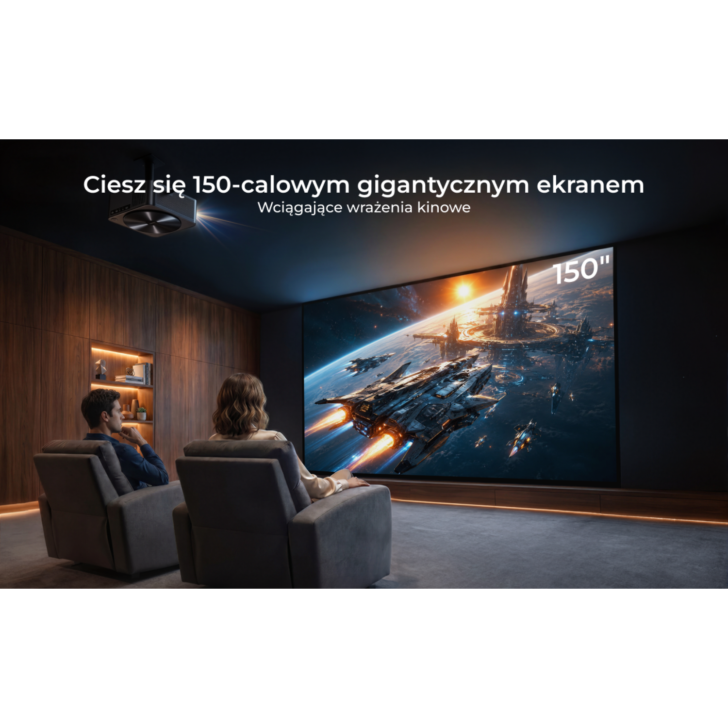 Dwie osoby siedzą w fotelach, oglądając gigantyczny ekran 150-calowy.