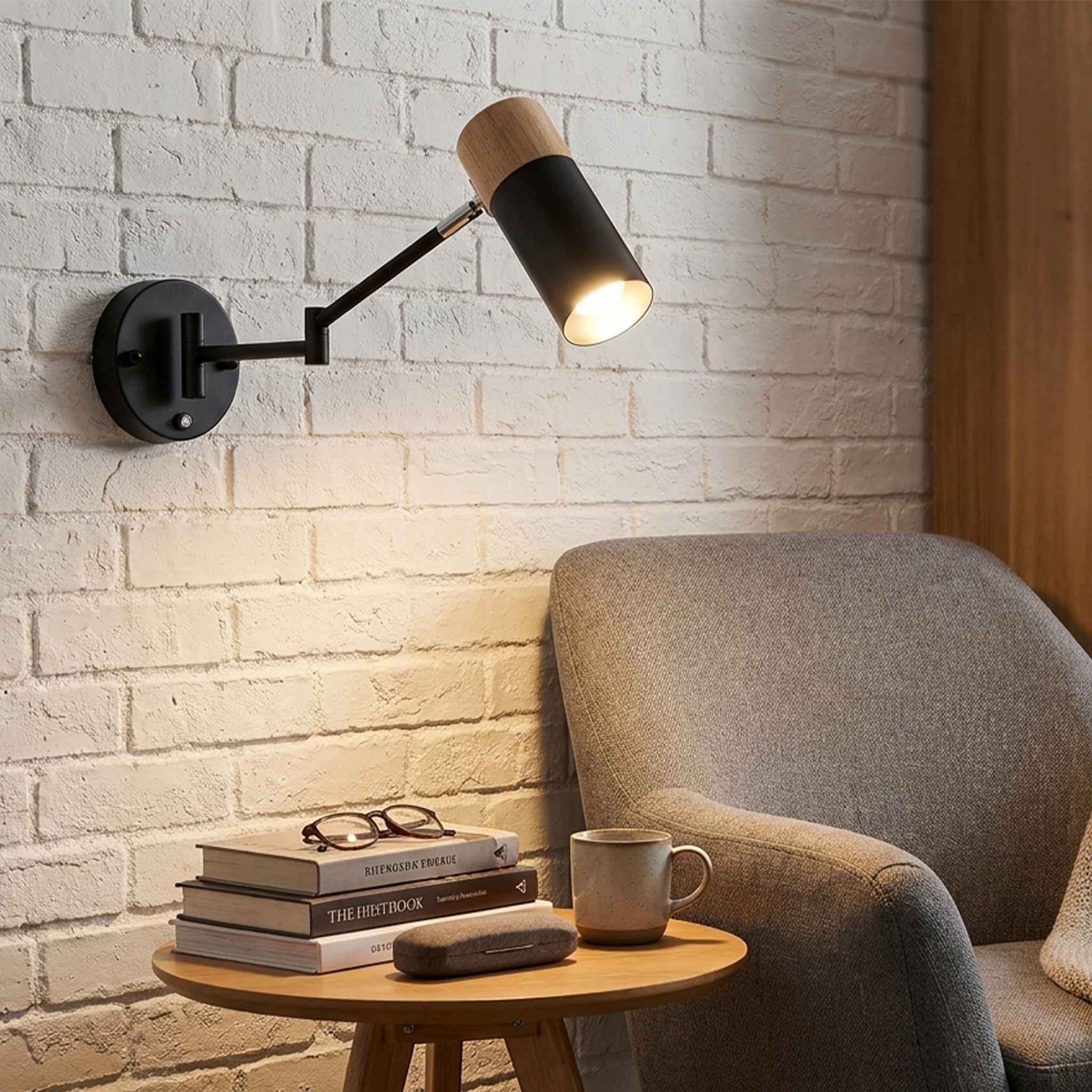 Un aplique de pared giratorio con acento de madera sobre libros, una taza y sillón.
