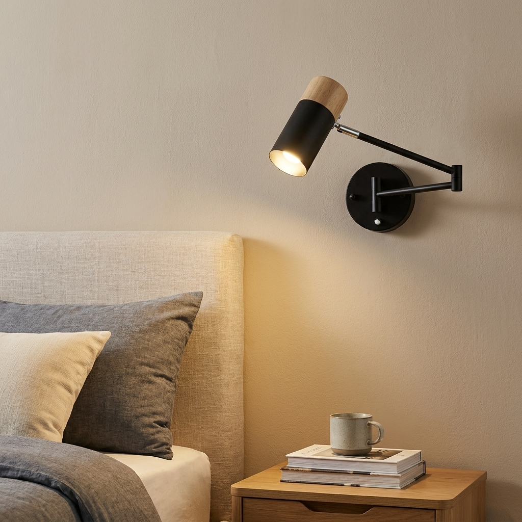 Una mesita de noche con libros, una taza y una lámpara de pared sobre una cama.