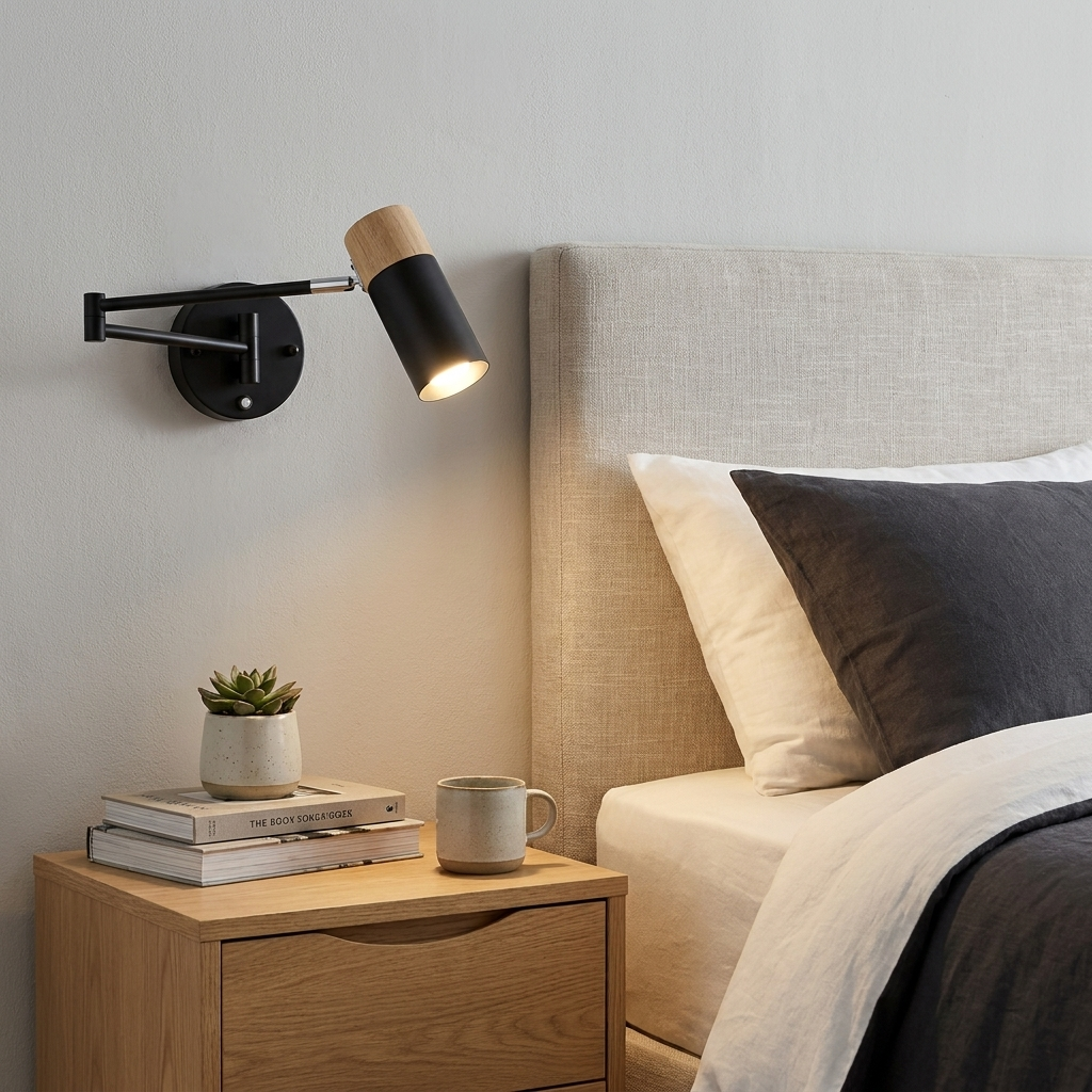 Una mesita de noche con libros, una taza y una planta junto a una cama con lámpara de pared.