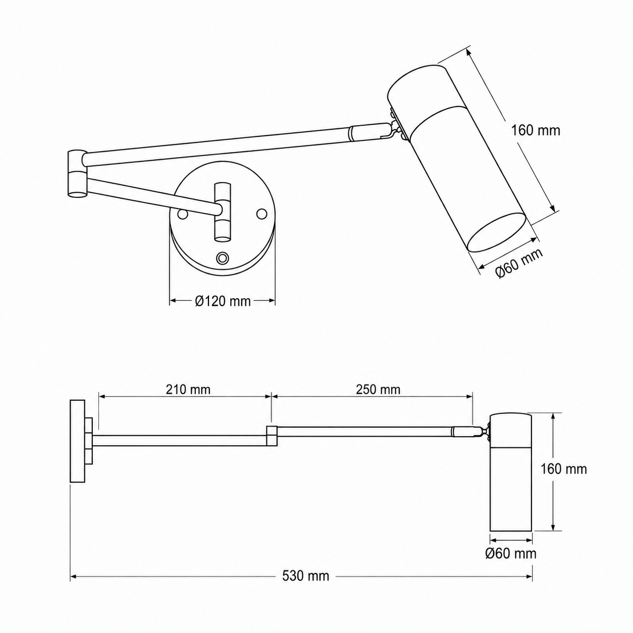 Dibujo técnico de una lámpara de pared con dimensiones. Vista superior muestra el brazo y cabezal cilíndrico.