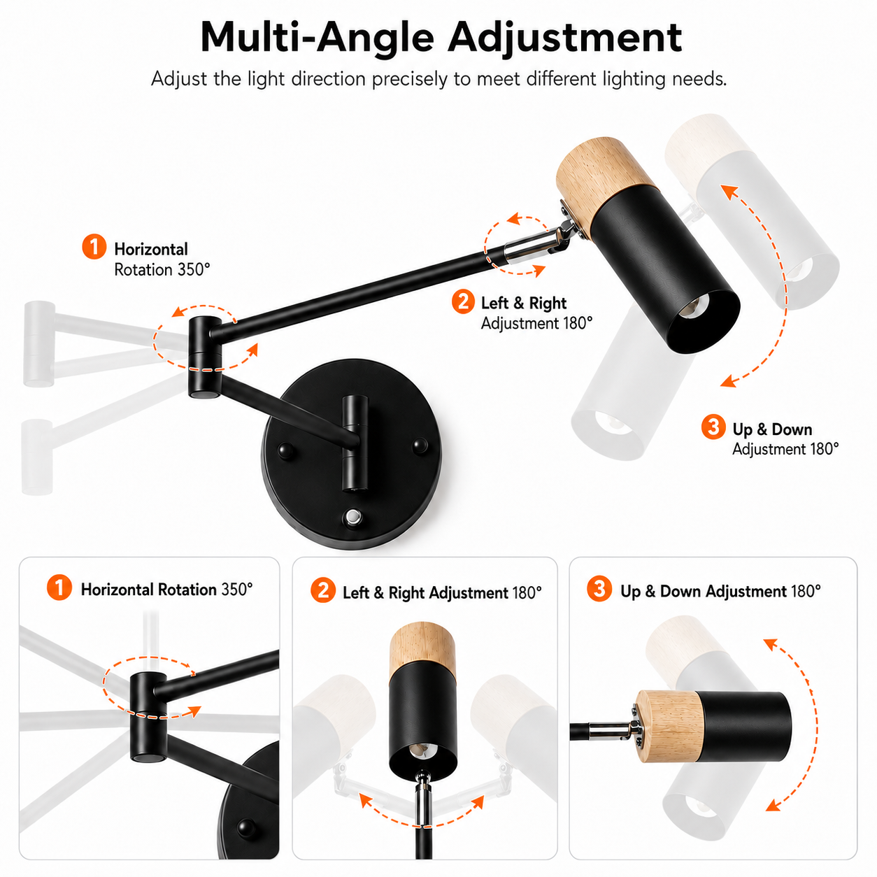 Lámpara de pared negra con detalles de madera, mostrando ajustes horizontales, laterales y verticales.
