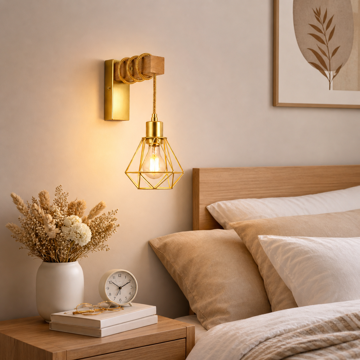 Un dormitorio moderno con lámpara de pared geométrica dorada, flores secas y cama madera.