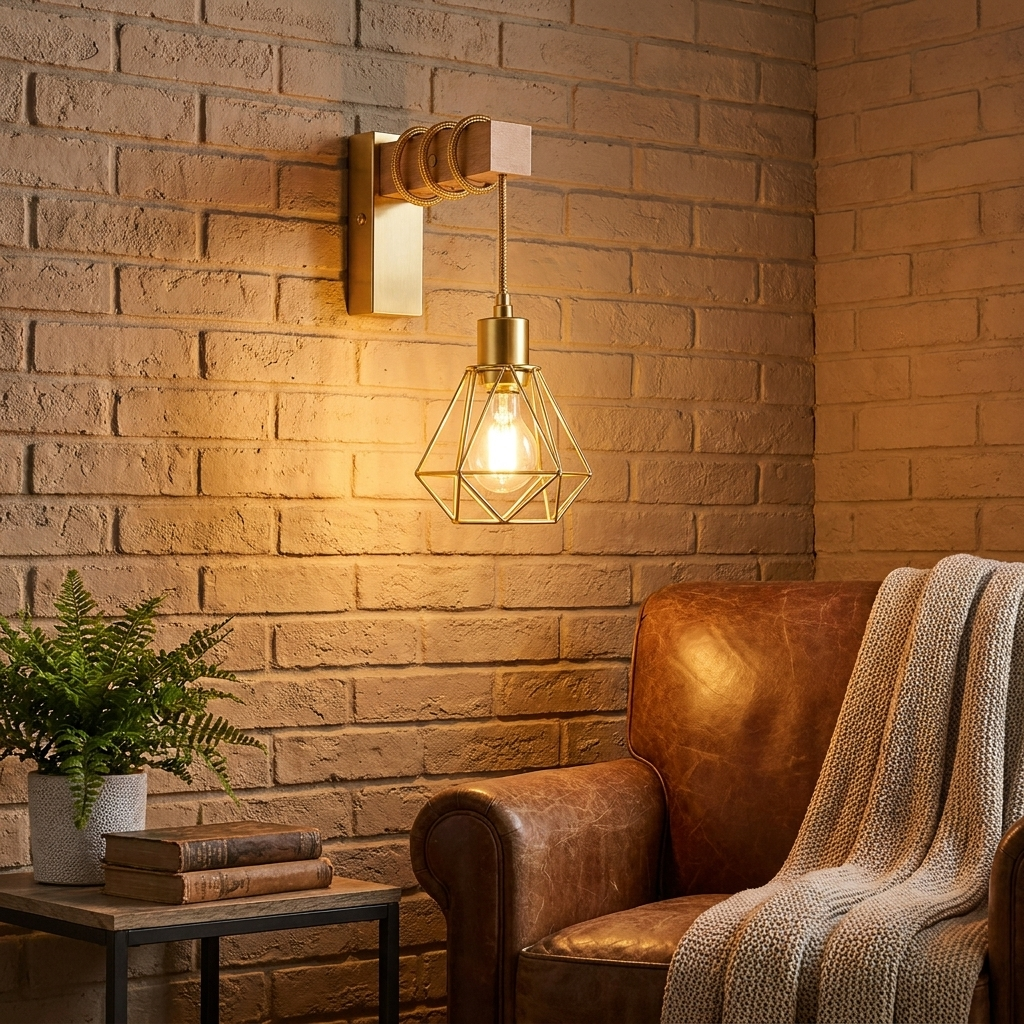 Una lámpara dorada con jaula cuelga de una pared de ladrillos sobre un sillón de cuero.