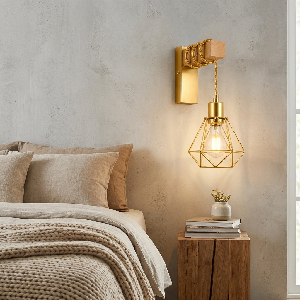 Una lámpara de pared dorada con jaula de alambre sobre una mesa de madera con libros.