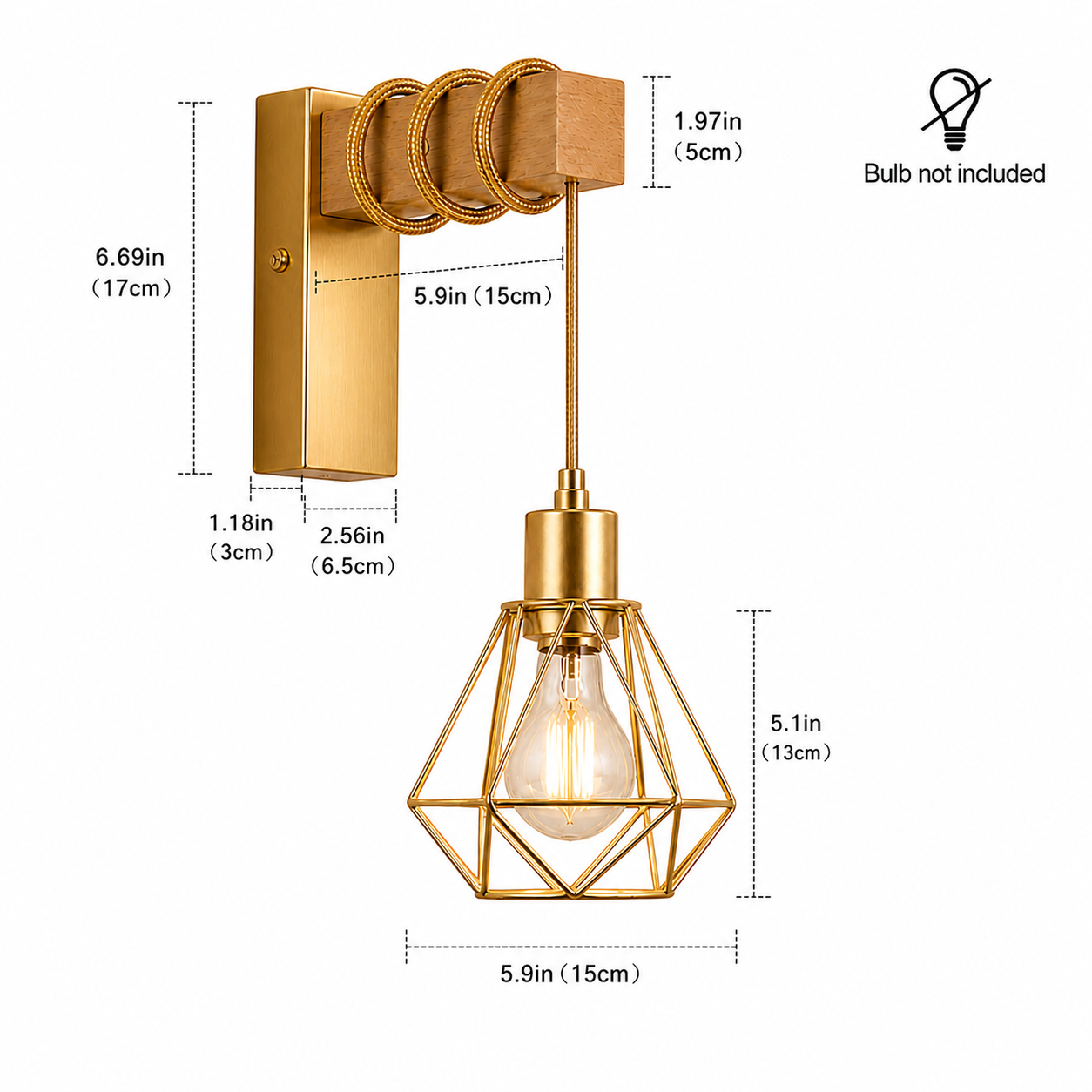 Una lámpara de pared dorada con jaula geométrica y bombilla visible. Se muestran las dimensiones.