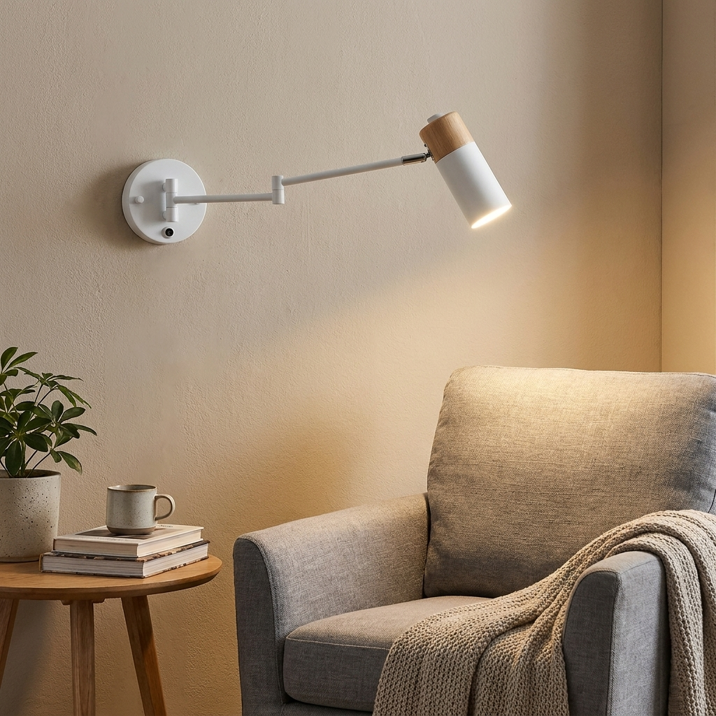 Una lámpara de pared blanca con detalle de madera en brazo giratorio ilumina un sillón gris.