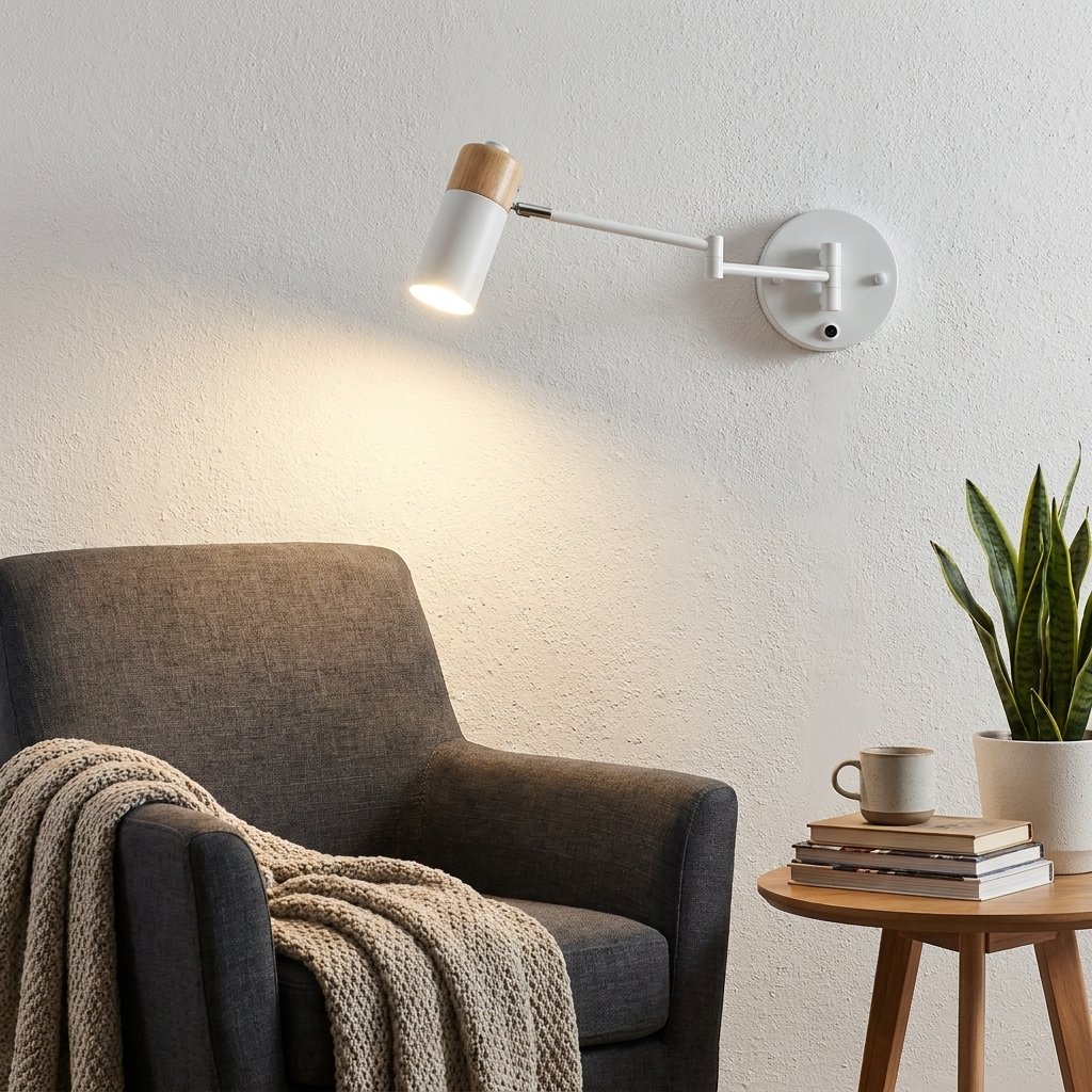 Un sillón oscuro con manta, mesa pequeña con libros y lámpara de pared.
