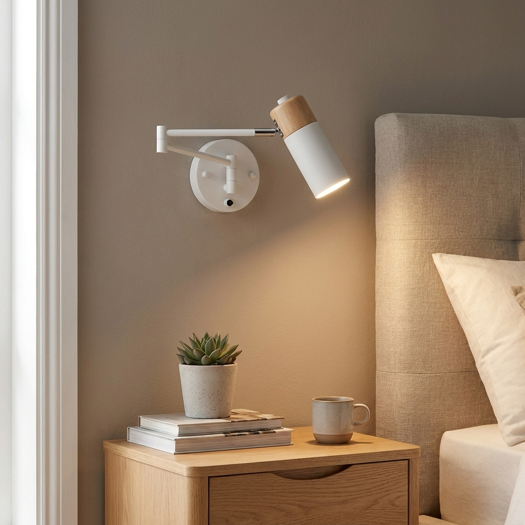 Una lámpara de pared ajustable ilumina una mesita de noche con planta en maceta y libros.