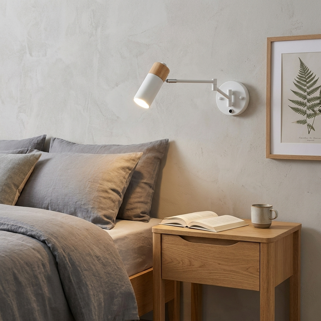 Una mesita de noche de madera con un libro y una taza junto a una cama con ropa de cama gris.